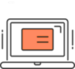 Prosta ilustracja laptopa z pomarańczowym ekranem wyświetlającym dwie poziome linie, reprezentujące tekst. Minimalistyczny czarno-pomarańczowy projekt można wykorzystać na stronie internetowej przechowalni bagażu Kraków lub do brandingu usługi przechowywania bagażu.